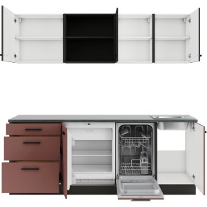 OPTIFIT Madrid420/Nizza407 Küchenzeile, 210 cm, Anthrazit/Rostrot mit E-Geräten.