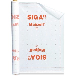 Rolle Siga Majpell 25 Dampfbremse, weiß mit rotem Aufdruck, für Dach und Wand.