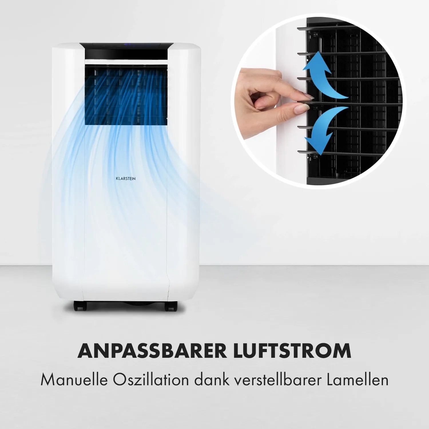 Weiße Klarstein Max Breeze Smart Klimaanlage mit einstellbarem Luftstrom durch Lamellen.