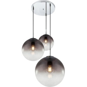 Moderne Globo Pendelleuchte Varus Chrom mit drei rauchfarbenen Glaskugeln.