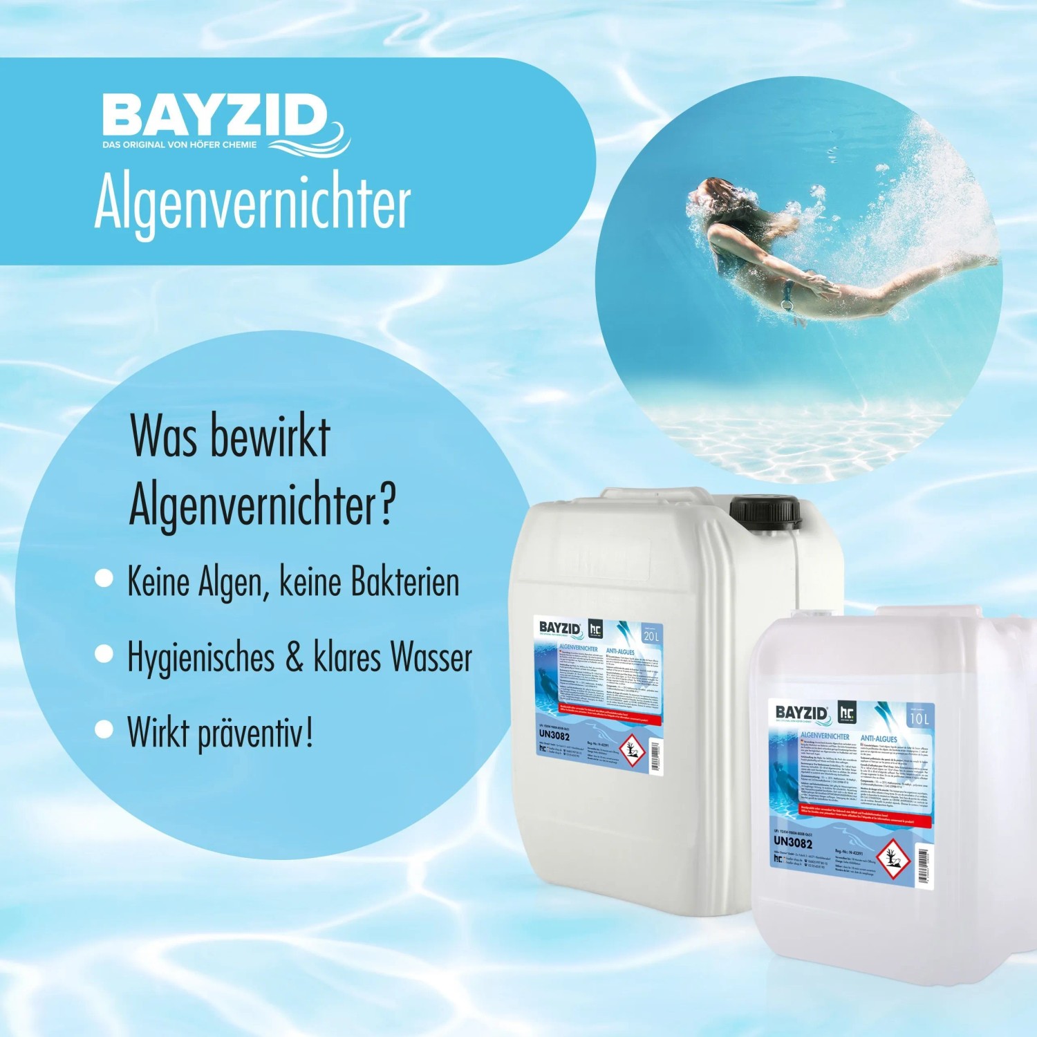 Bayzid Algizid Algenverhütung, 12 Kanister à 20l. Präventiver Schutz gegen Algen im Pool.