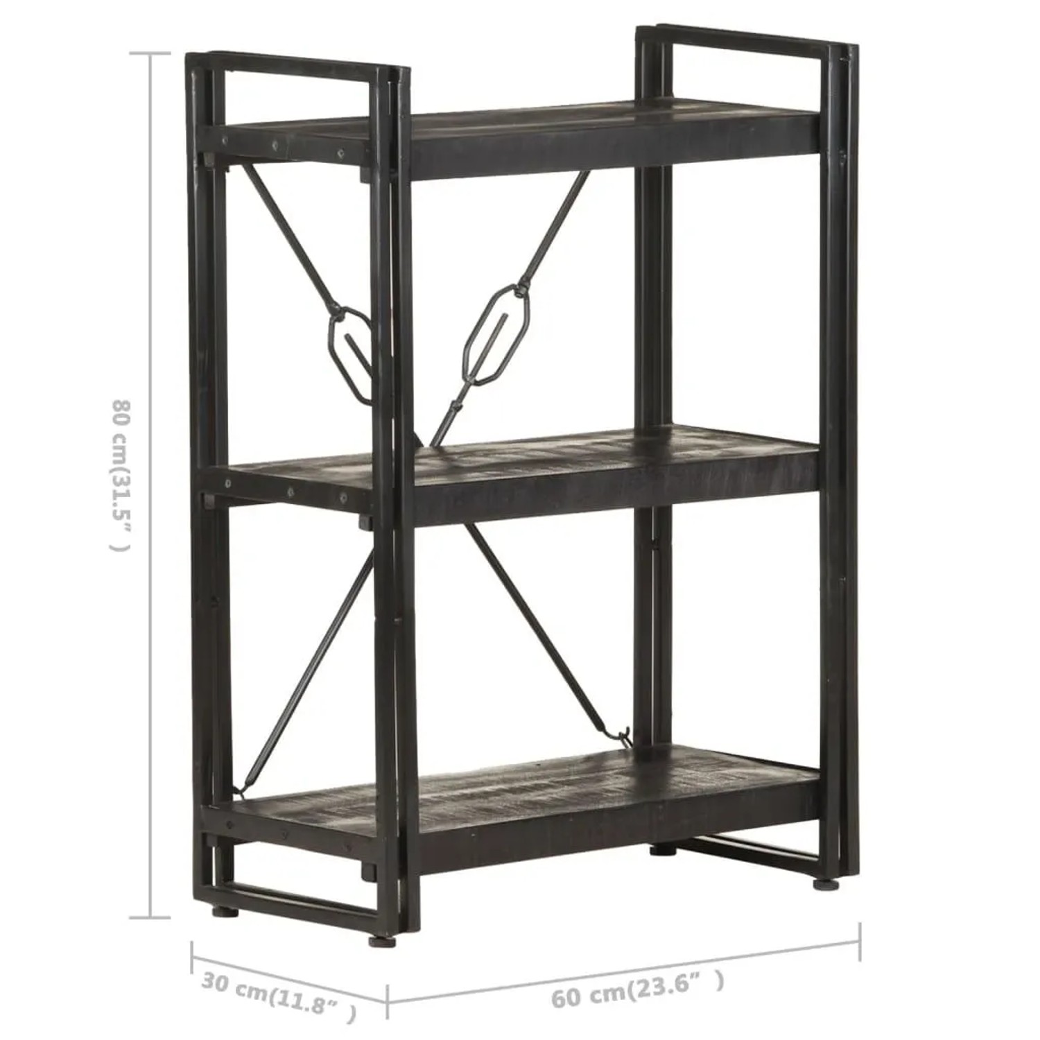 Schwarzes Bücherregal mit 3 Fächern aus Mango Massivholz, 60x30x80 cm. Regal für Bücher und Deko.
