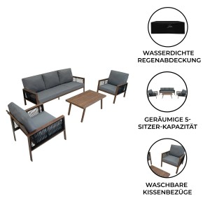 Jardi 4-teilige Aluminium Sofagarnitur in Holzoptik mit Sofa, Sesseln und Tisch für den Garten.