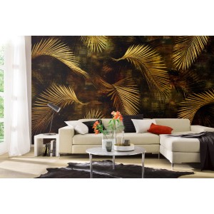 Erismann Fototapete Guido Maria Kretschmer Glossy Palms Gold, 4,0x2,7m im Wohnzimmer.