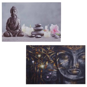 2er-Set LED-Leinwandbilder: Buddha-Statue mit Kerzen, Buddha-Gesicht mit Gold. Dekoartikel mit Timerfunktion.