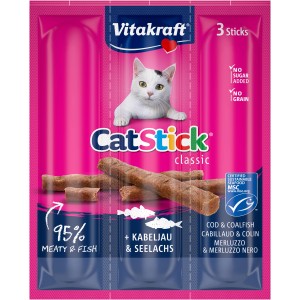 Vitakraft Cat Stick Kabeljau & Seelachs, 3 Stück Katzenleckerli im pinken Design.