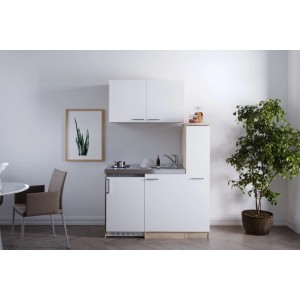 Respekta Miniküche MK130ESWOSC, 130 cm, Weiß/Eiche Sägerau Nachbildung mit Kühlschrank und Glaskeramikkochfeld.