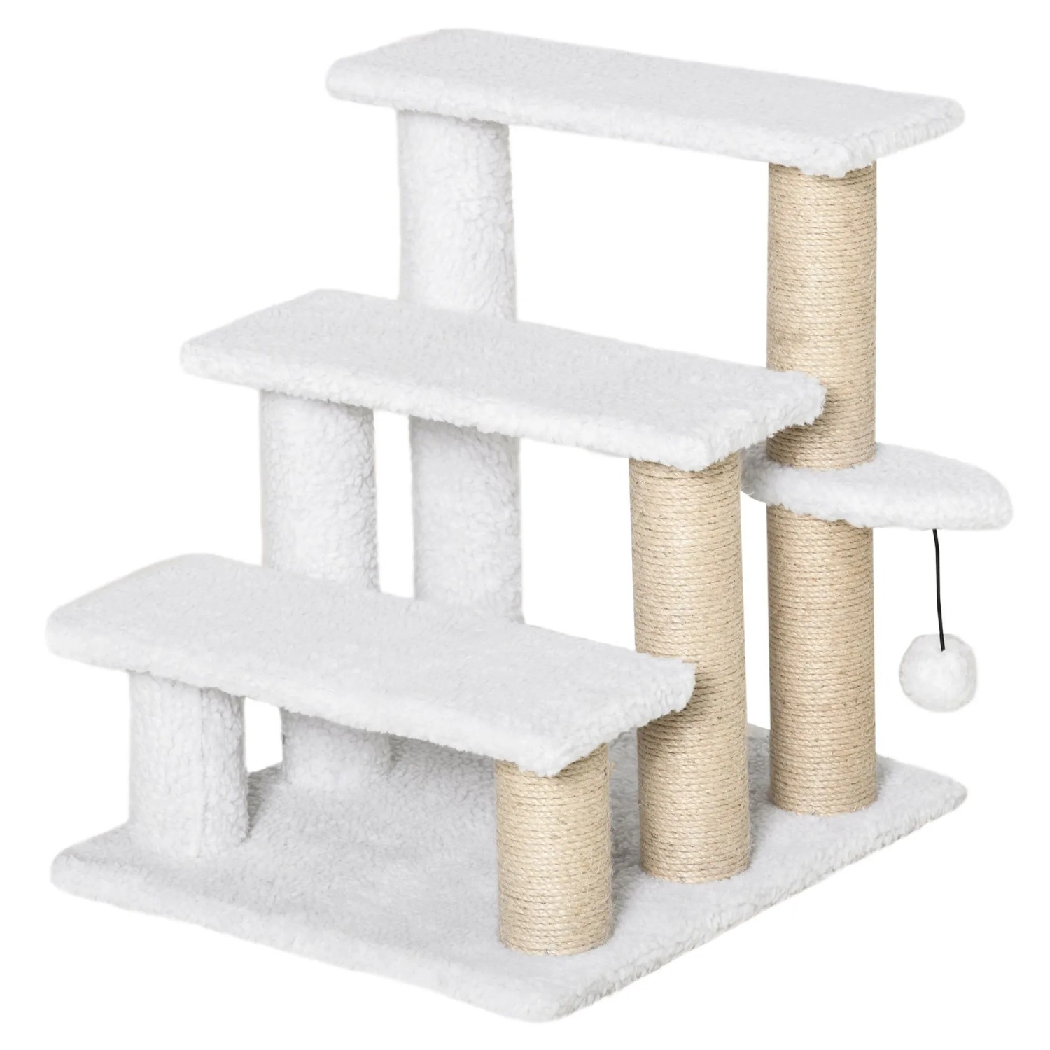 PawHut Kratzbaum Katzentreppe 3 Stufen Tiertreppe mit Kratzsäulen Ball, Spanplatte, Plüsch Jute, Weiß, 45 x 40 x 48cm