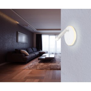 Weiße Globo LED-Wandleuchte Many, Ø 14,6 cm, im Wohnraum. Moderne Wandlampe mit warmweißem Licht.