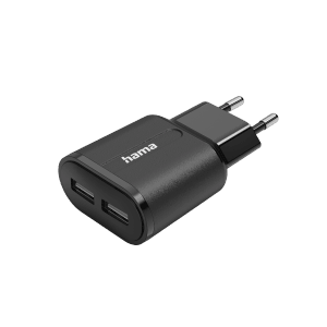 Schwarzes Hama Ladegerät mit 2 USB-A Anschlüssen und 12 W Leistung.
