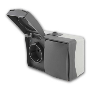 ChiliTec NUQUI Feuchtraum Schalter-Steckdose horizontal IP54, Aufputz, hellgrau/grau.