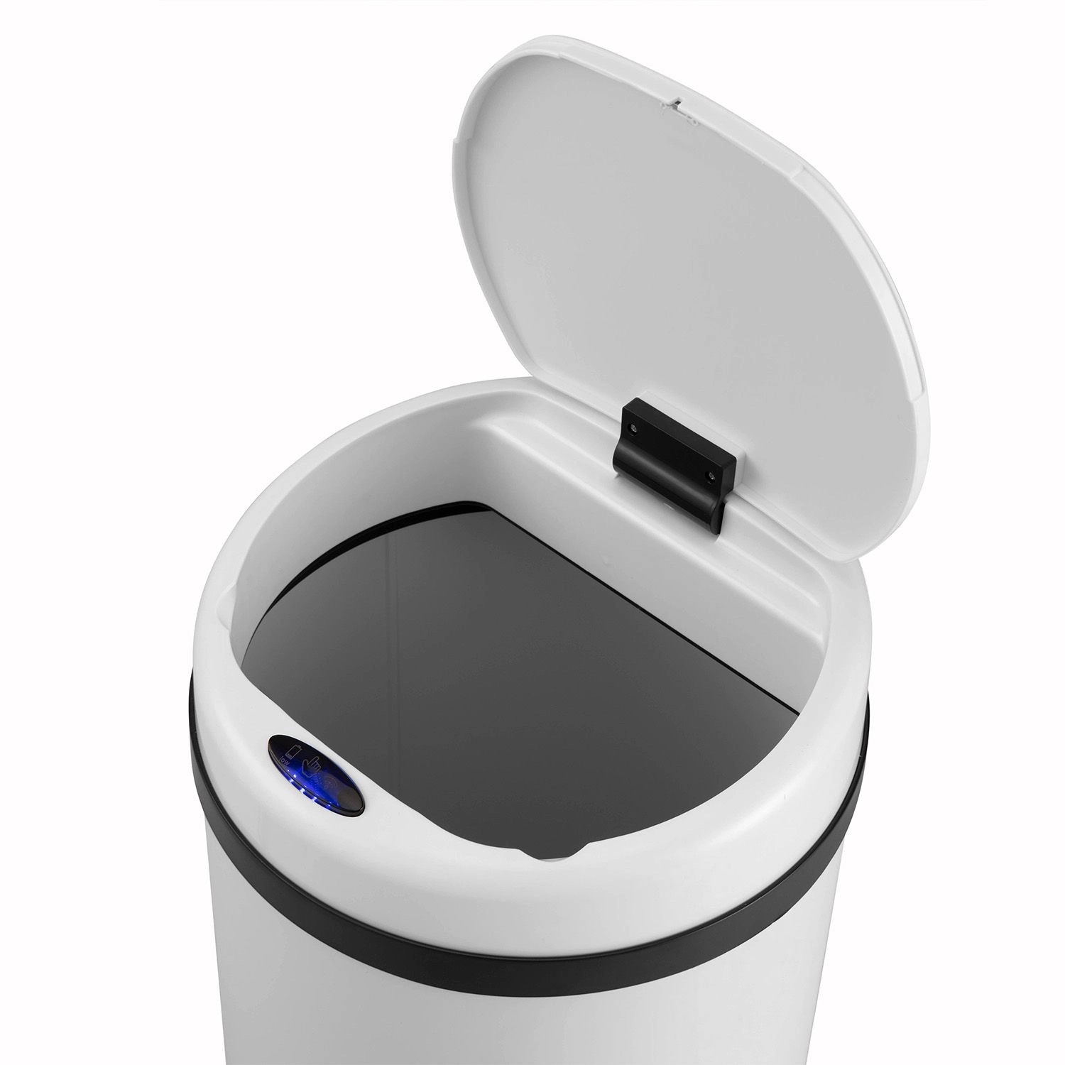 Weißer, runder Juskys Mülleimer mit Sensor und geöffnetem Deckel, 30 Liter Fassungsvermögen.