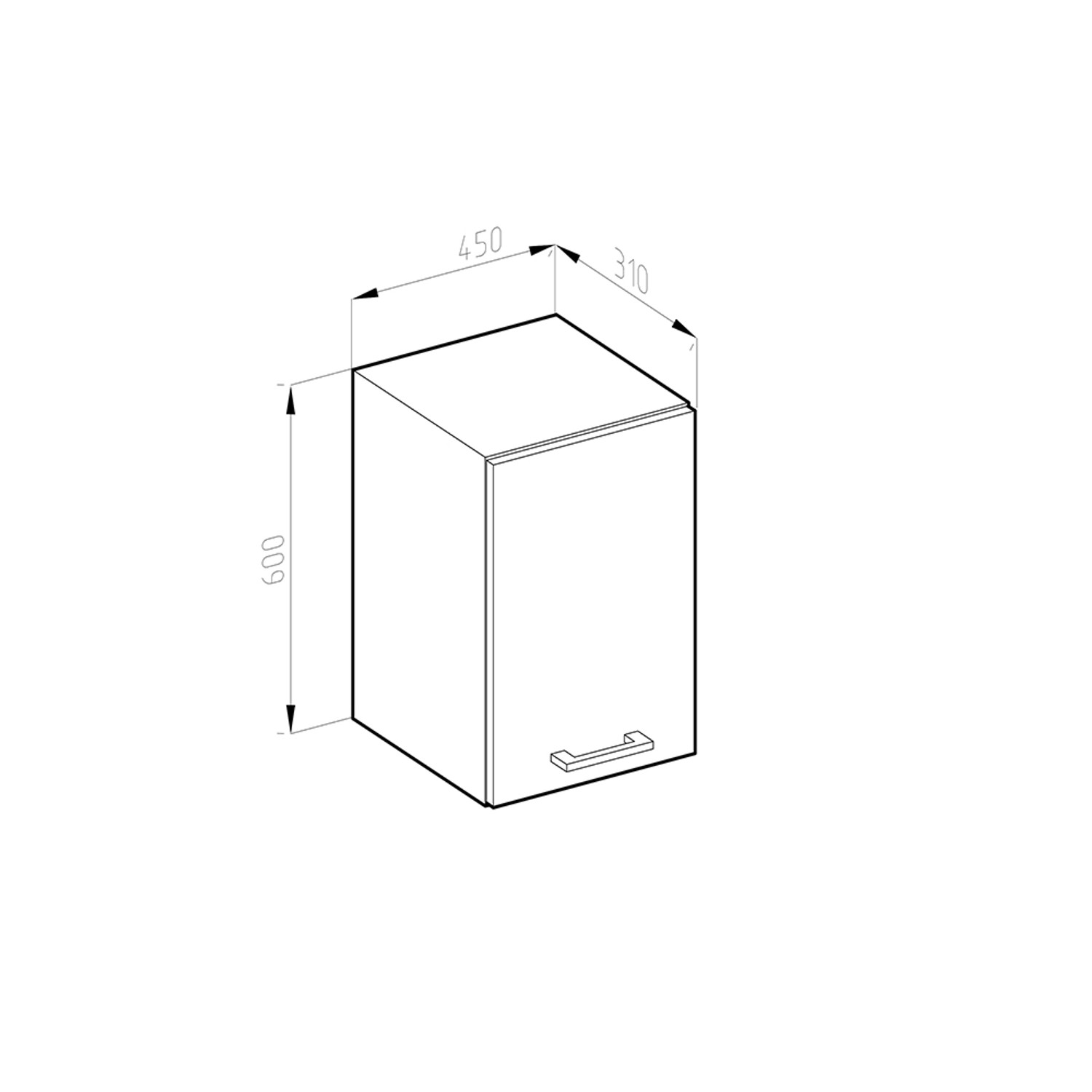 Skizze: Vicco Hängeschrank R-Line, 45 cm, weiß/anthrazit, Küchenschrank mit Maßangaben.