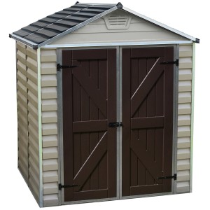 Palram Canopia Gerätehaus aus Kunststoff, beige-braun, mit Doppeltür und Satteldach.