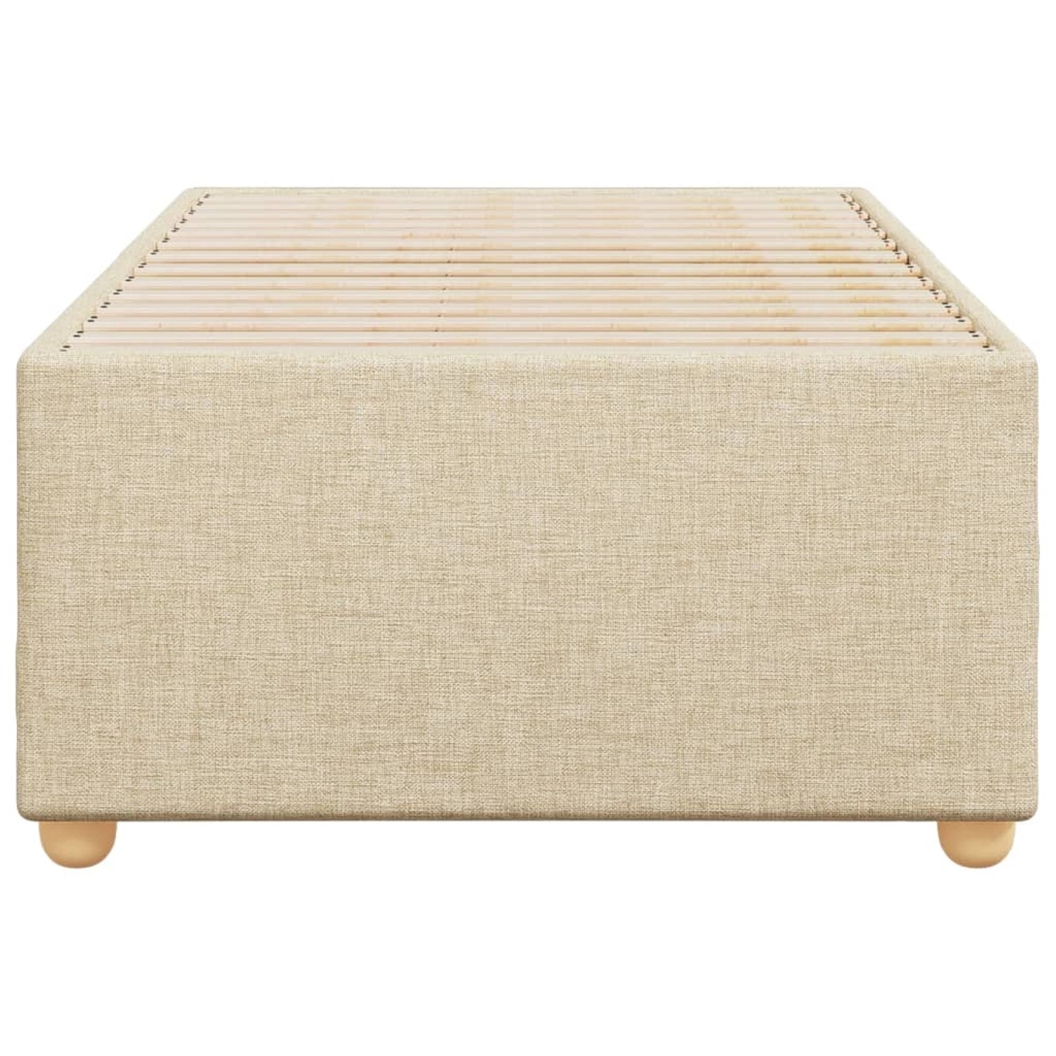 Cremefarbenes vidaXL Bettgestell (90x200 cm) mit Lattenrost und Stoffbezug.