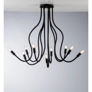 Schwarze, 9-flammige Luce Design Deckenleuchte Lover, Ø 20 cm, mit flexiblen Armen.