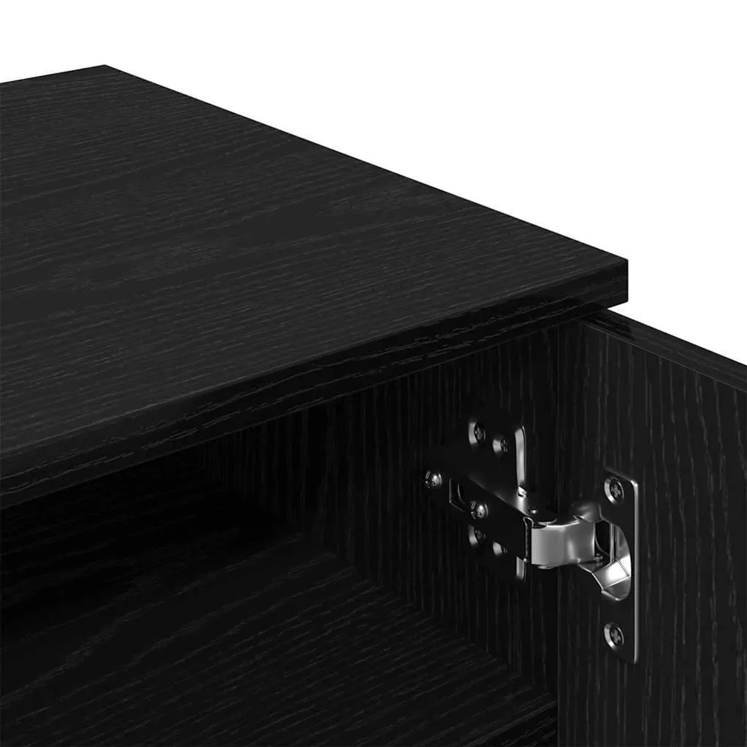 Detailaufnahme: Schwarzer Schuhschrank in Eichen-Optik mit Scharnier. Wohnzimmerschrank.