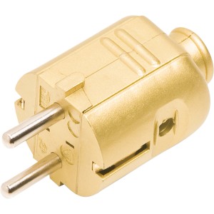 Goldener Schutzkontakt-Stecker aus Kunststoff für den Innenbereich.