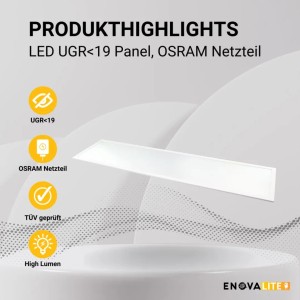 ENOVALITE LED-Panel 36W, 120x30cm, Neutralweiß, UGR19, OSRAM Driver. Deckenleuchte für Büro und Arbeitsbereich.