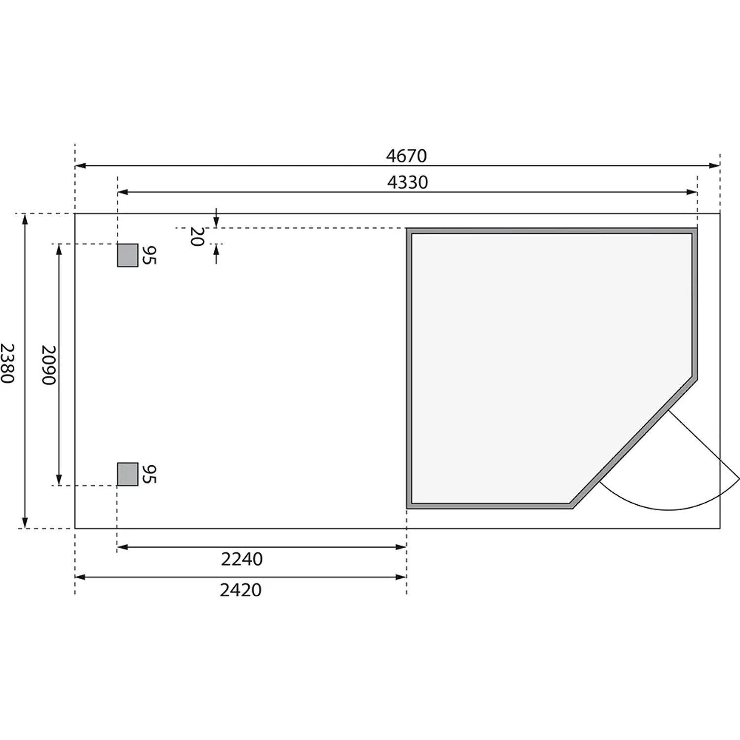 Grundriss Karibu Gartenhaus Linköbing Terragrau, Maße 209x213cm, Flachdach.
