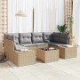Beiges 7-teiliges Garten-Sofa-Set aus Poly Rattan von vidaXL. Modulares Lounge Set mit Tisch und grauen Kissen.