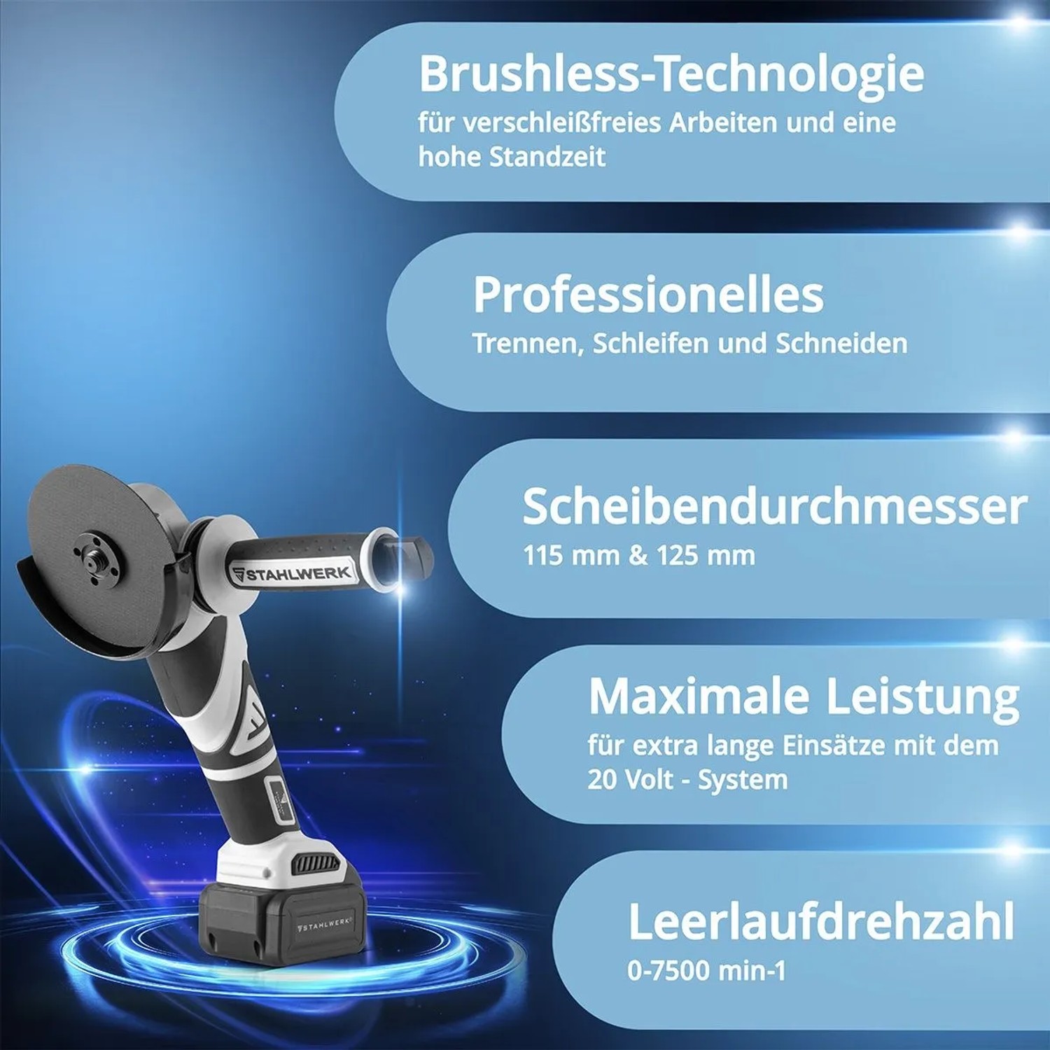 STAHLWERK Akku-Winkelschleifer: 20V, bürstenloser Motor, 115/125mm Scheibe für Trennen, Schleifen.