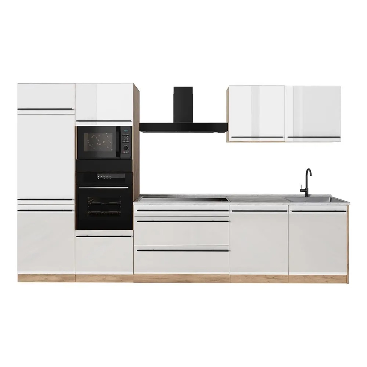 Vicco Küchenzeile R-Line Weiß Hochglanz/Goldkraft Eiche 340 x 207 Arbeitsplatte Marmor Art Nr 66583