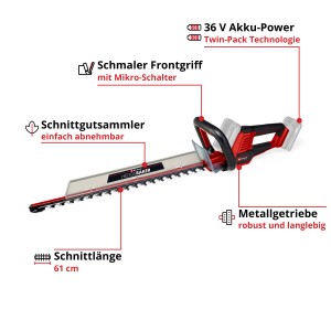 Einhell Akku-Heckenschere GE-CH 36/61 Li-Solo: Heckenschneider mit Schnittgutsammler und 61 cm Schnittlänge.
