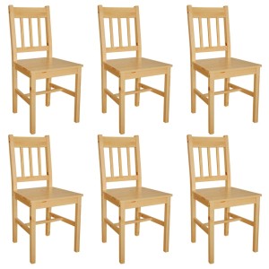 Sechs Esszimmerstühle aus hellem Kiefernholz mit schlichter Form und Lattenrückenlehne. Set für Esszimmer.