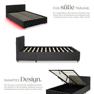 Schwarzes Polsterbett mit Samtbezug, Steppmuster und LED-Beleuchtung.