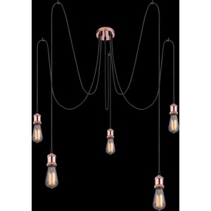 Globo Pendelleuchte Oliver Kupfer mit fünf Leuchten an schwarzen Textilkabeln.