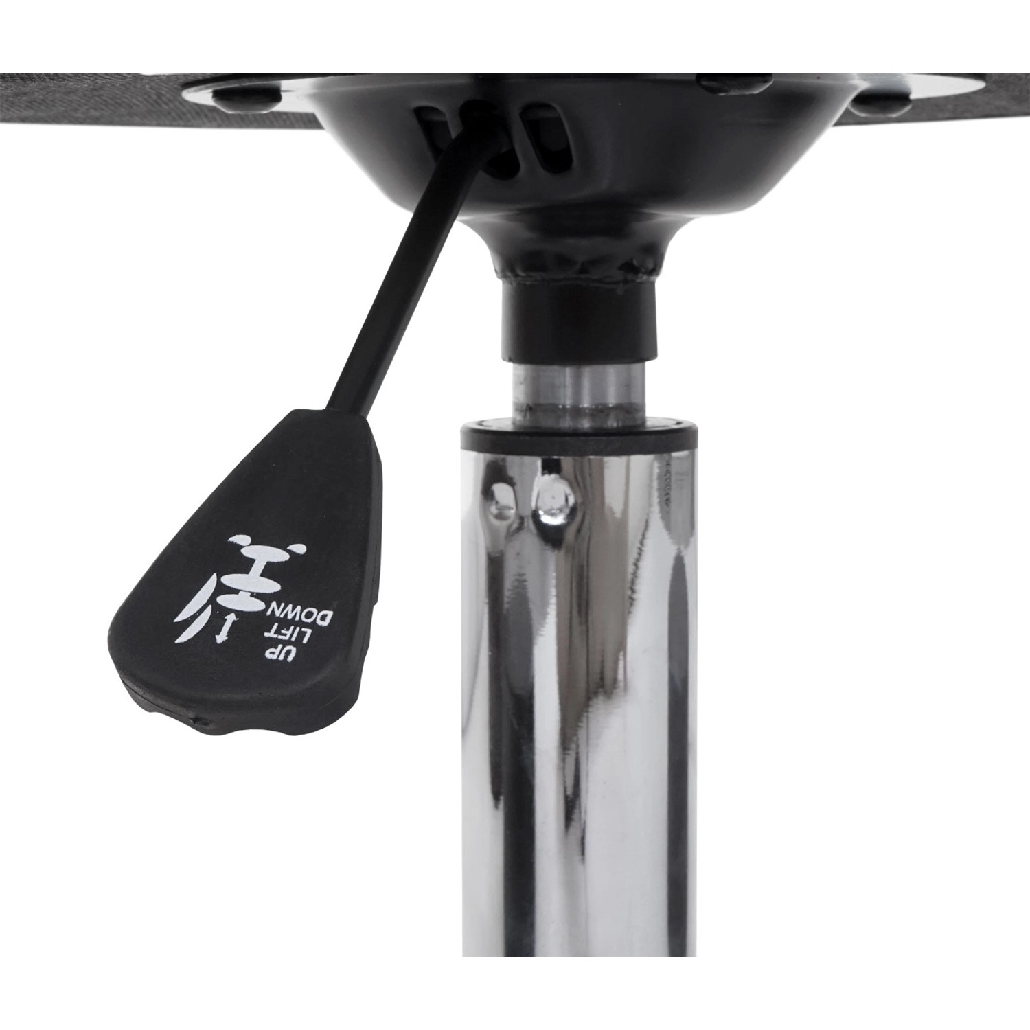 Detailaufnahme: Höhenverstellung des dunkelgrauen MCW Sitzhockers mit Chromfuß.