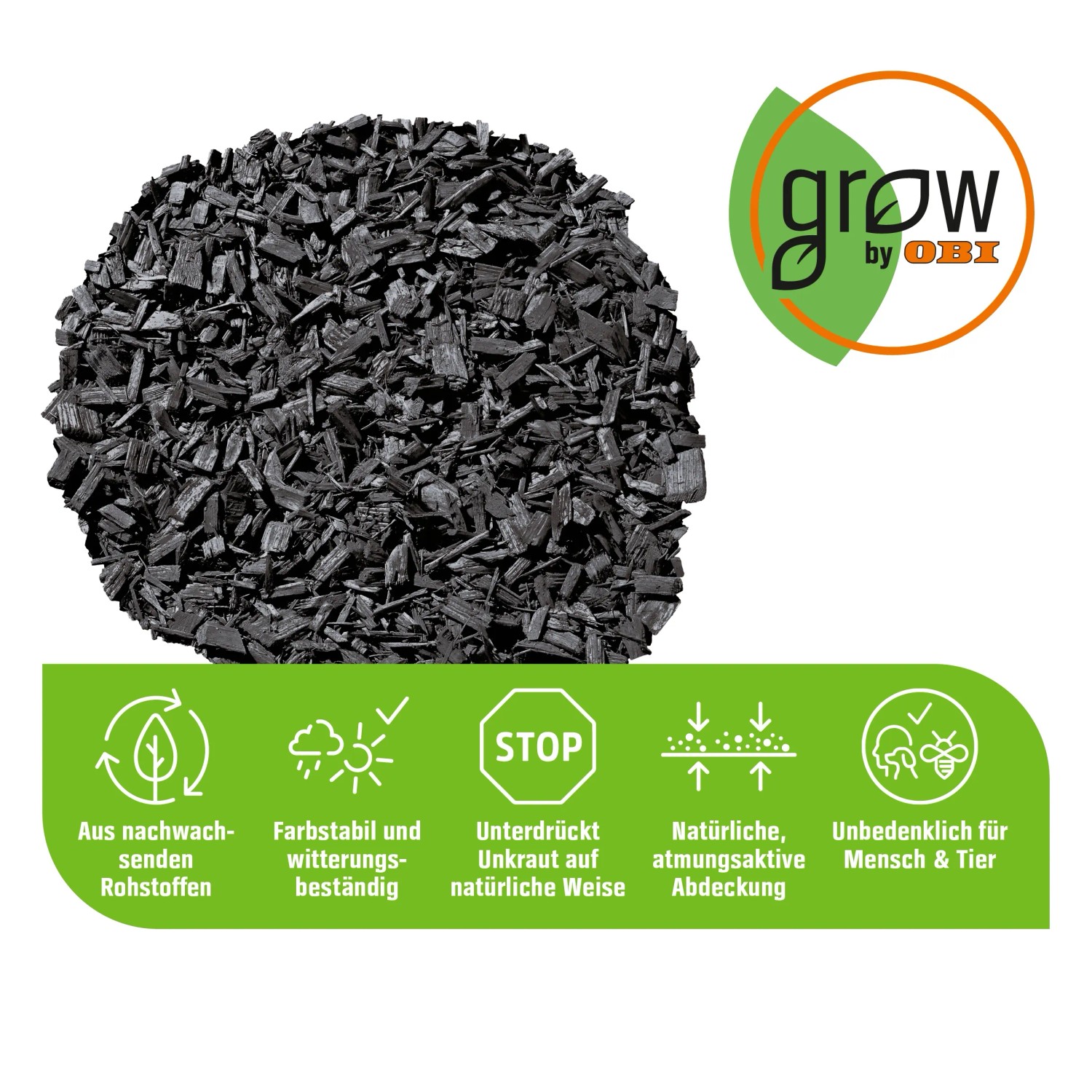 GROW by OBI Gartendekor, Grau-Anthrazit, 45l: Dekormulch aus Holzschnitzeln für Beetabdeckung.