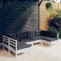 Weißes 6-tlg. Garten-Lounge-Set aus Kiefernholz mit anthrazitfarbenen Kissen.