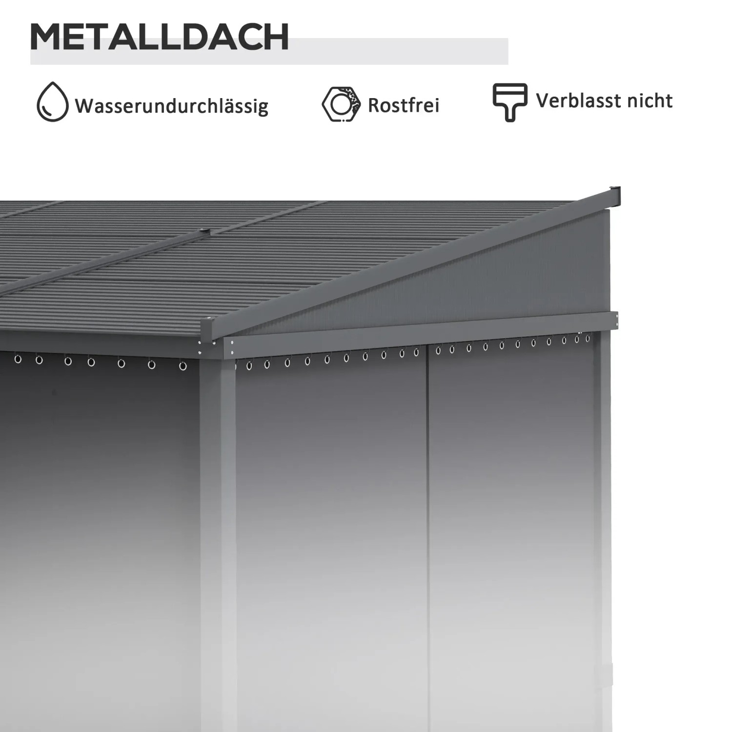 Detailansicht: Dunkelgraue Outsunny Pergola mit Metall-Dach und Vorhängen.