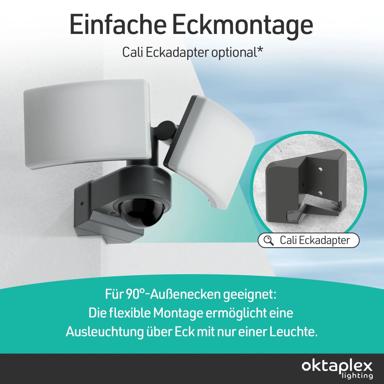 Oktaplex Cali Dos LED Außenstrahler mit Bewegungsmelder, anthrazit, zur Eckmontage.