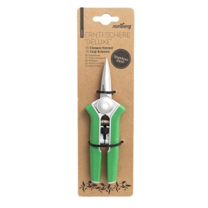 Romberg Ernteschere Deluxe, 16 cm, mit grünen Griffen und Edelstahlklinge in Verpackung.