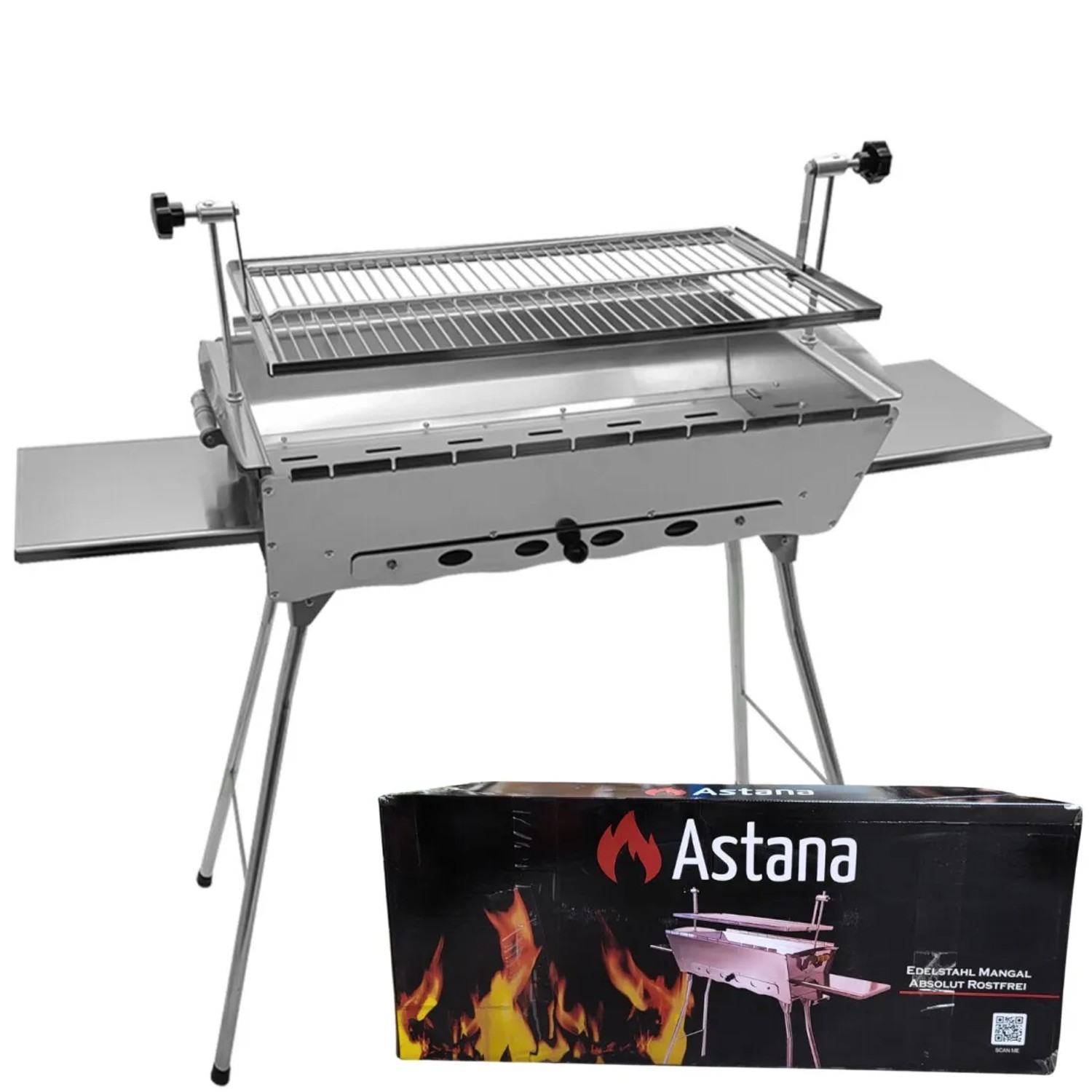 Grillpeter Mangal Edelstahl Astana mit verstellbarem Rost und Seitenablagen.
