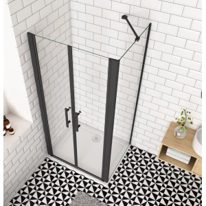 Duschkabine 120x90cm mit schwarzem Rahmen, Pendeltür und Seitenwand aus 6mm ESG Klarglas. Moderne Eckdusche.