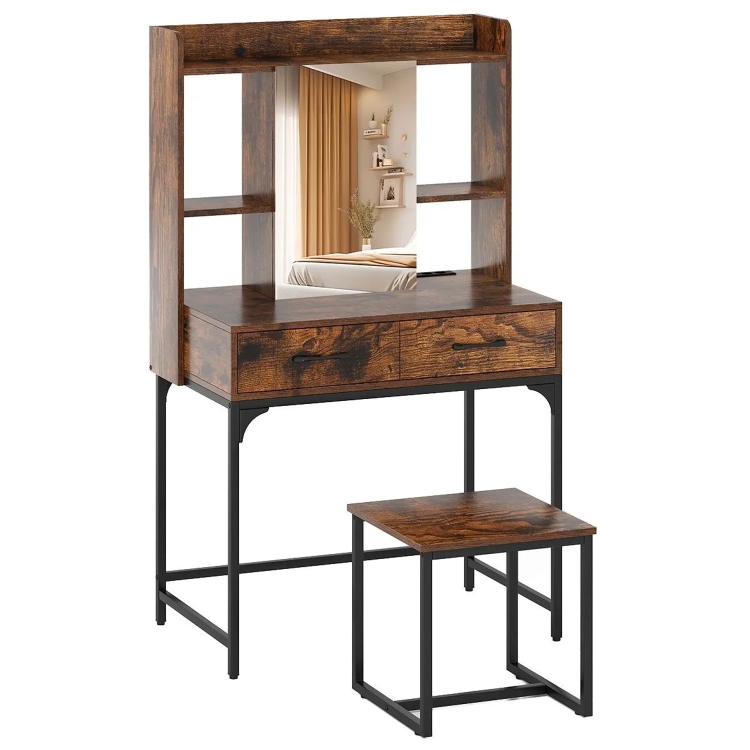 Costway Schminktisch Set mit Steckdose Rustikal Braun günstig online kaufen