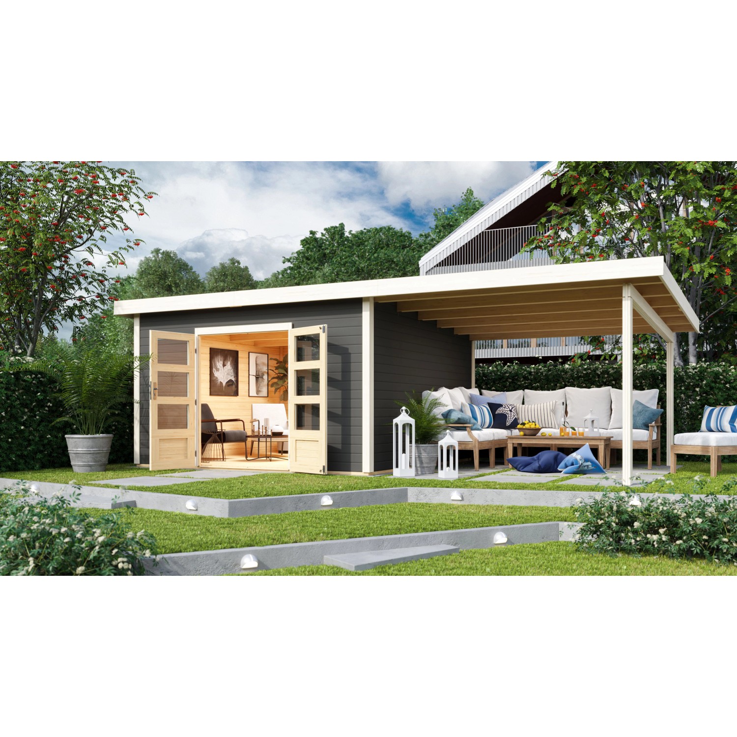 Karibu Holz-Gartenhaus Karlskoga 5 Terragrau Pultdach Lackiert 365 cm x 357 günstig online kaufen