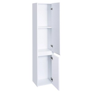 Weißer Hängeschrank aus dem MCW Badezimmerset mit offenen Türen und zwei Regalböden.