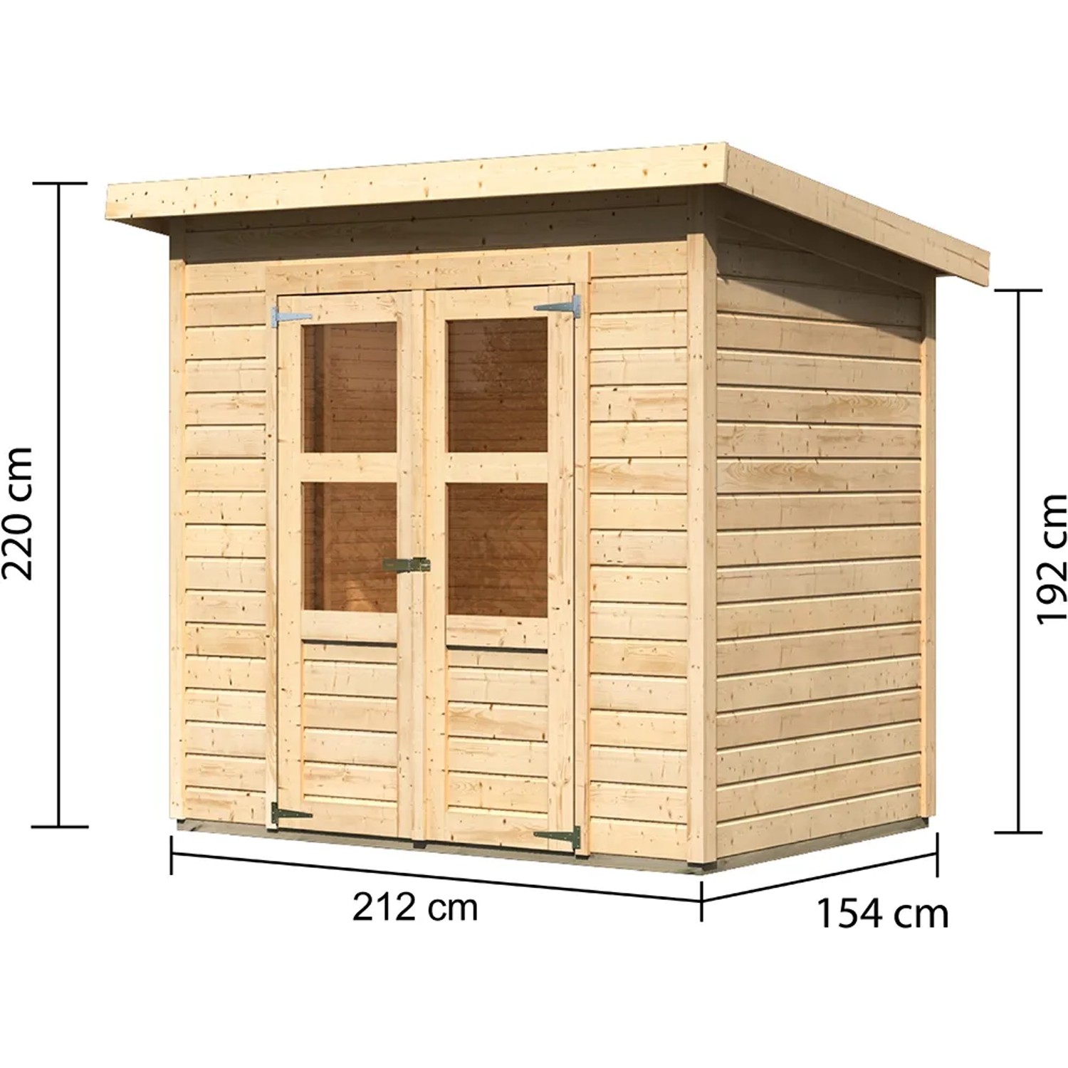 Karibu Holz-Gartenhaus Vellinge, unbehandelt, 208x150 cm. Gartenhaus mit Doppeltür und Maßen.