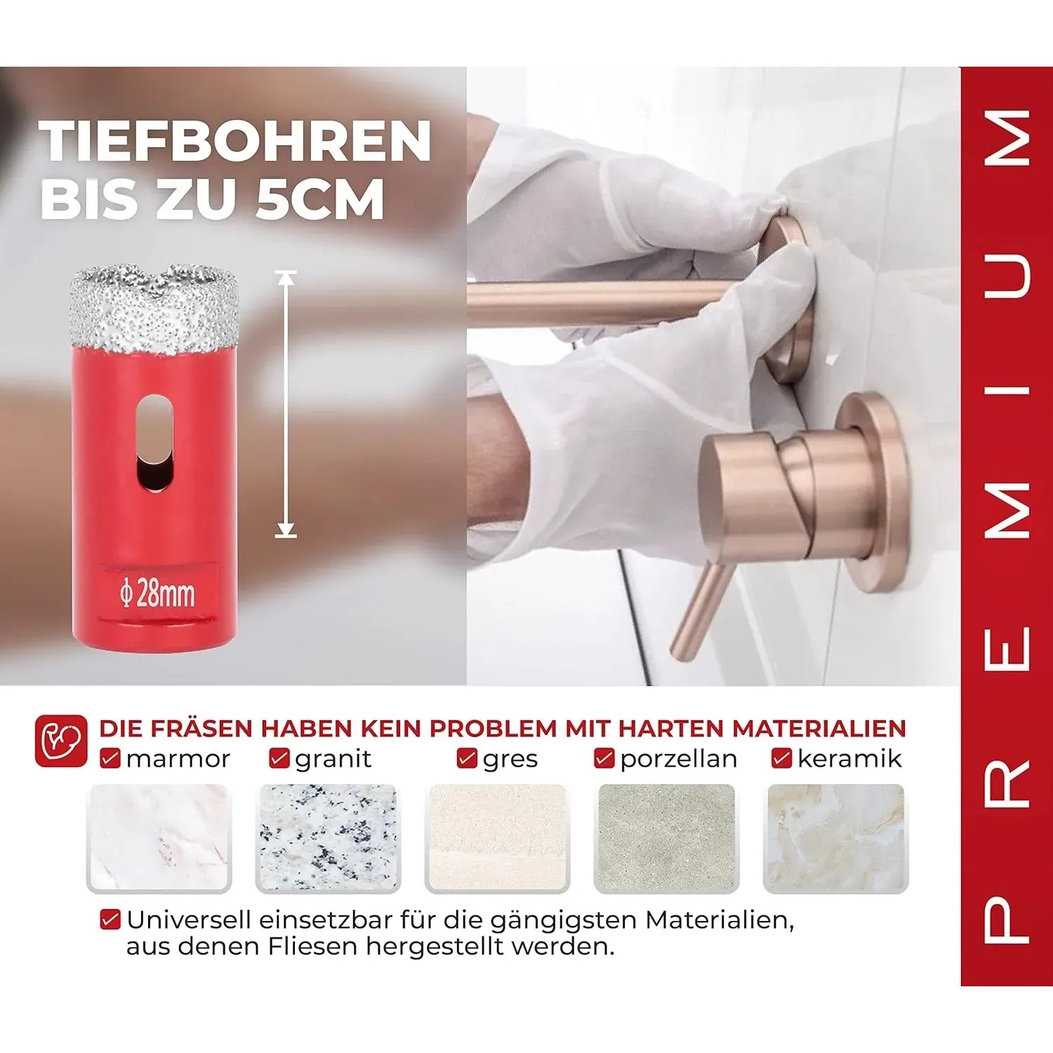 PROREGAL Diamant Bohrkronenaufsatz 28 mm für Fliesen, Glas, Stein; geeignet für Winkelschleifer.