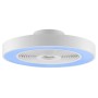 Weiße LED-Deckenleuchte Catania mit Ventilator und blauer Lichtumrandung.
