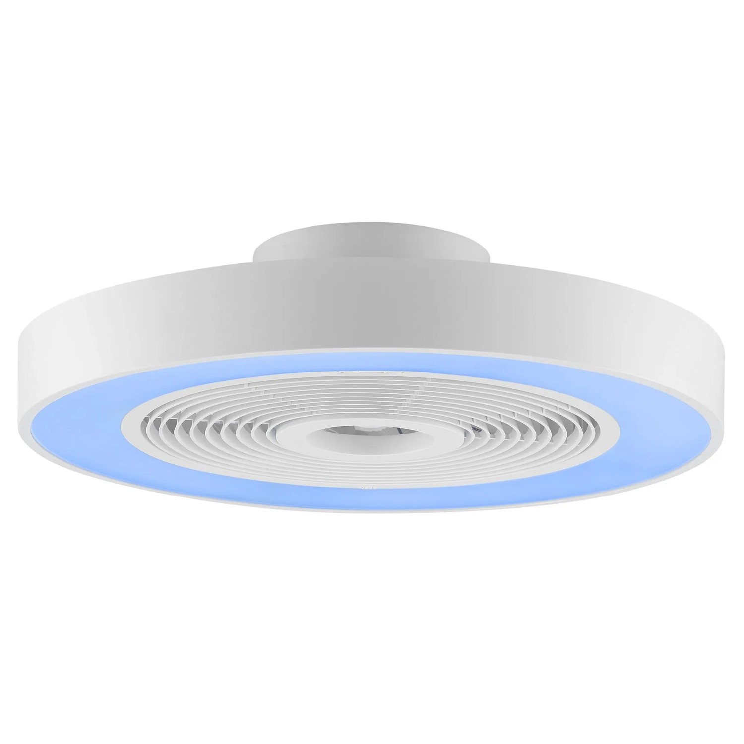 Weiße LED-Deckenleuchte Catania mit Ventilator und blauer Lichtumrandung.