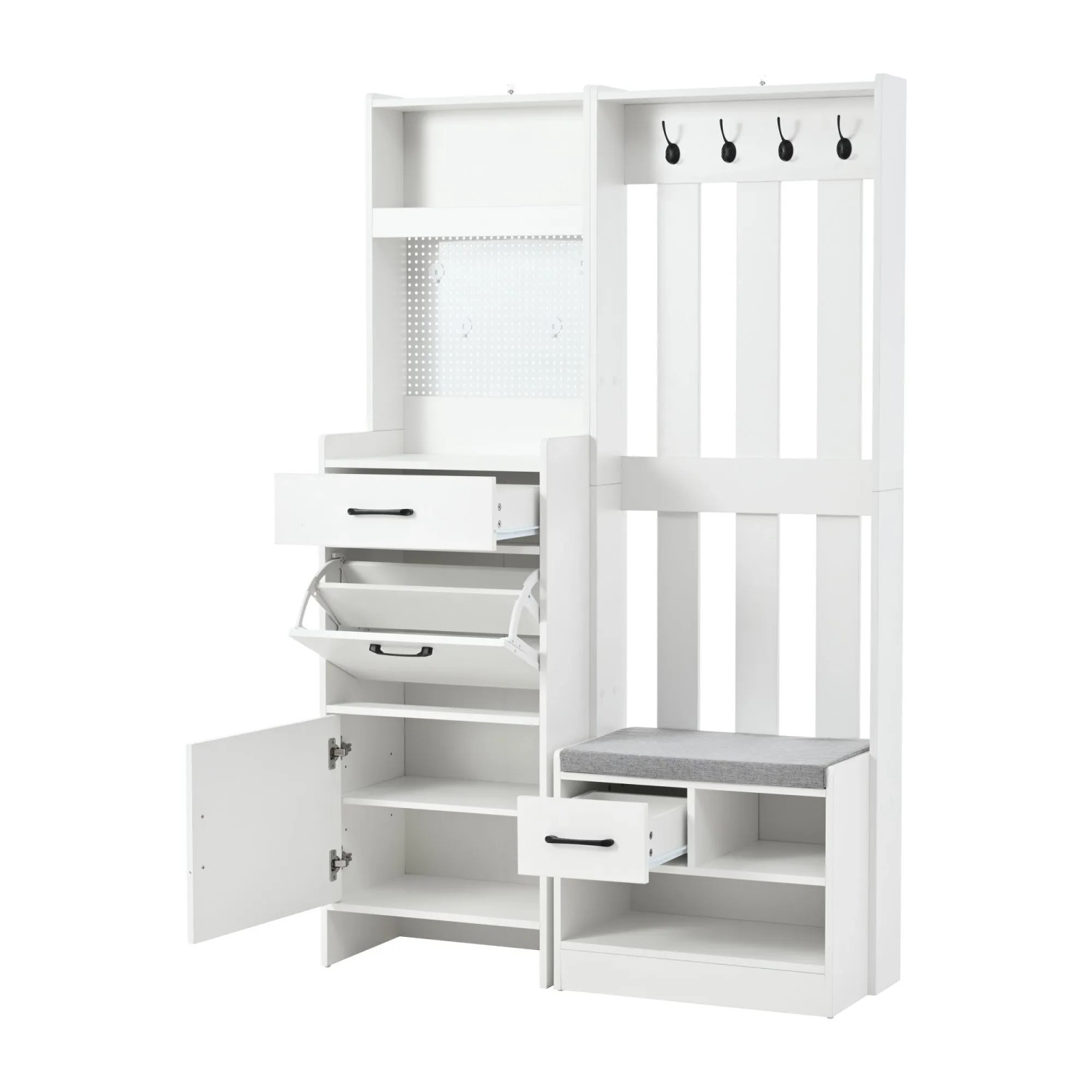 okwish Garderobenständer mit Schuhbank 7 Haken Flur 110x35x175cm Weiß