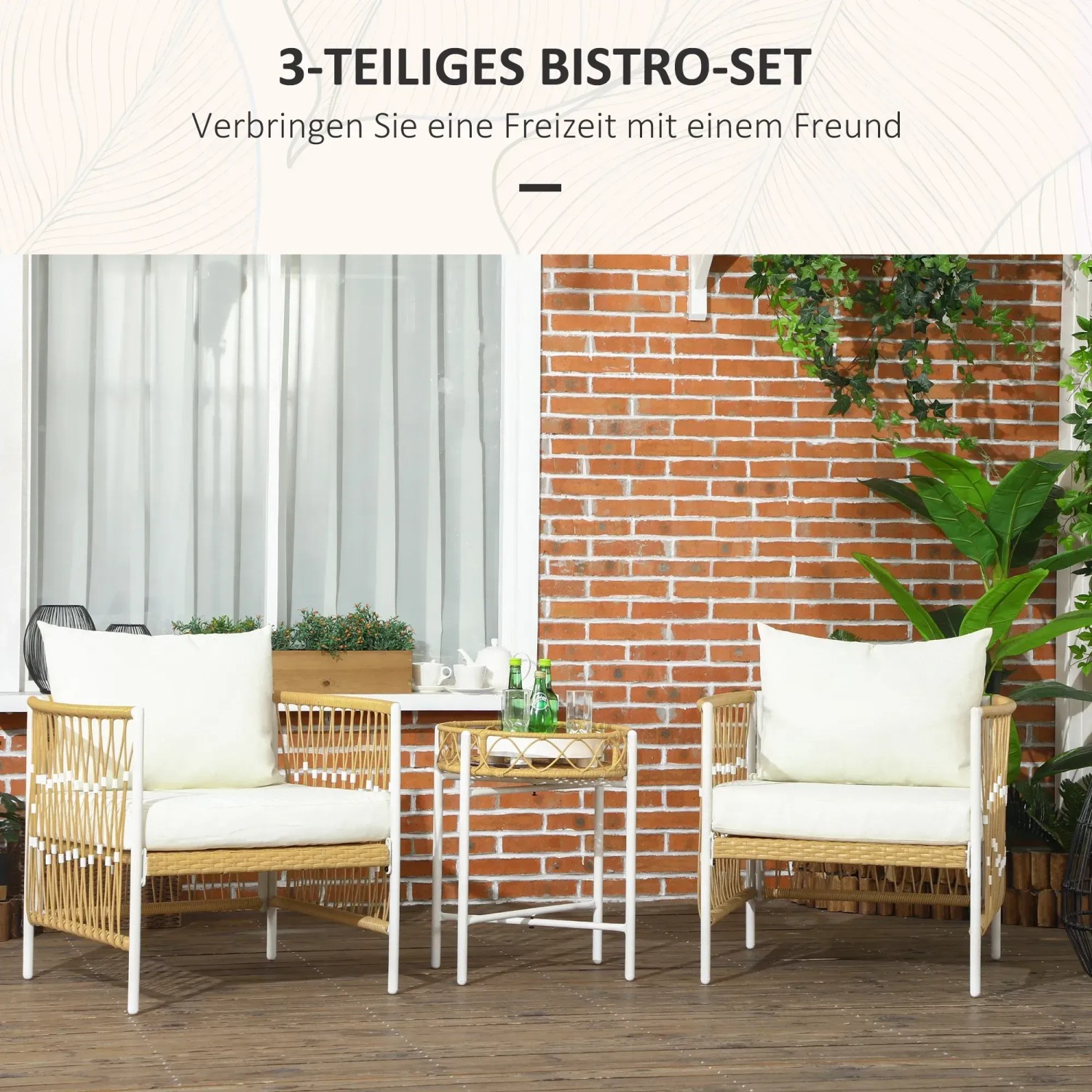 Gelbes Outsunny Gartenmöbel Set aus Rattan mit Tisch und Stühlen.
