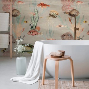 Fototapete mit maritimen Tiermotiven in Grau, Rosa und Grün für Kinderzimmer.