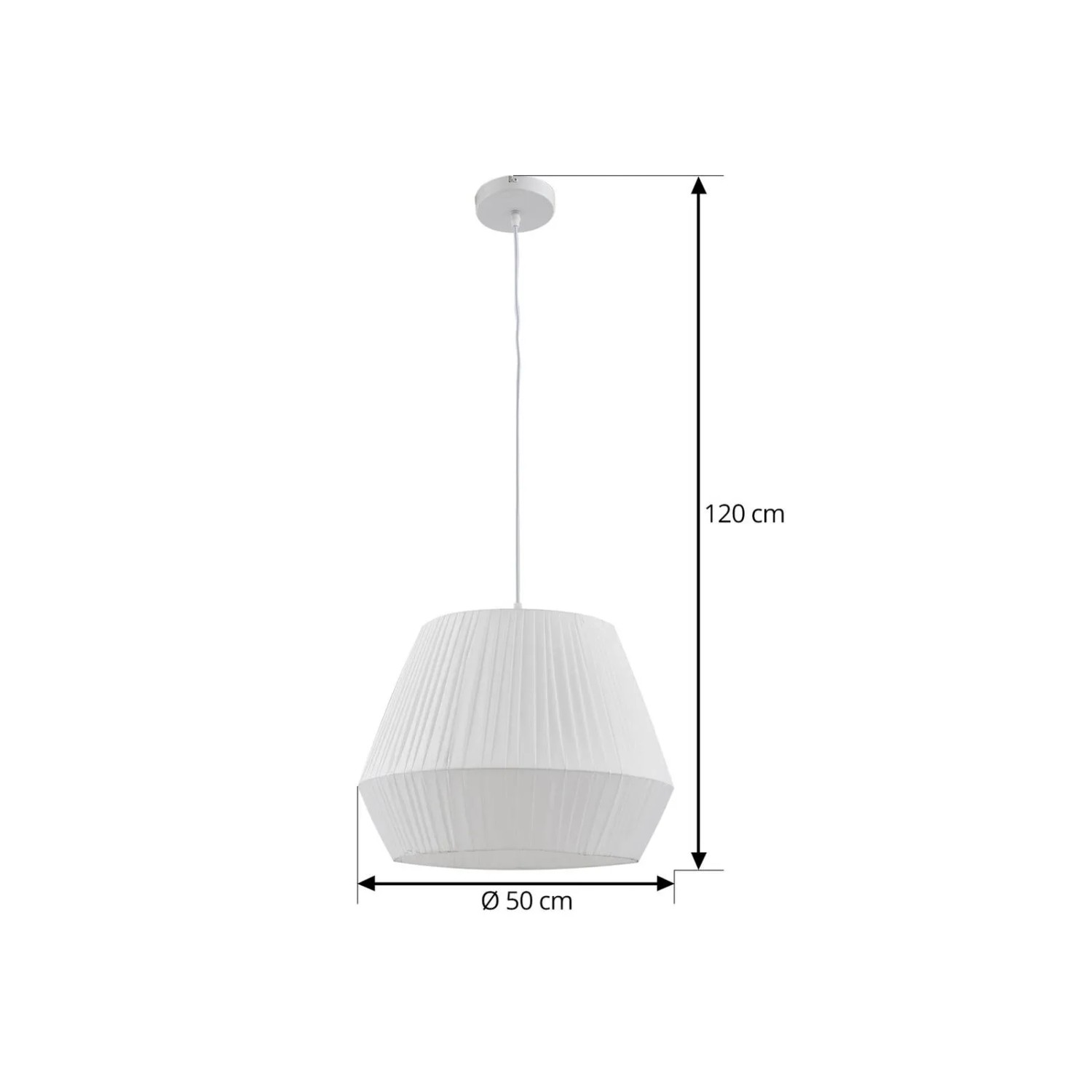 Weiße Lindby Vitore Pendelleuchte aus plissiertem Textil, skandinavischer Stil, H: 120 cm, Ø 50 cm.